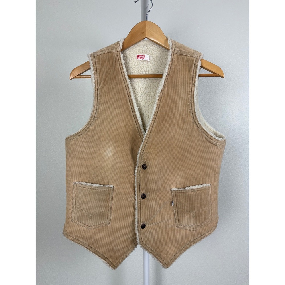 Vintage Levis Corduroy Sherpa Lined Vest Tan Brown Mens Medium Made in USA
